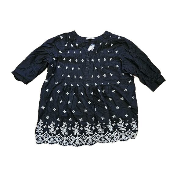 Woman Within Embroidered Eyelet Blouse Womens 18/20 Black Floral Peasant Boho - Picture 1 of 8